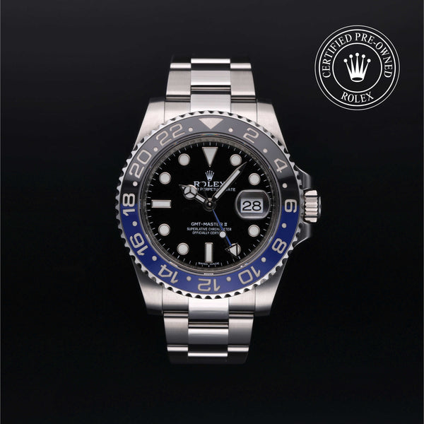 Rolex Certified Pre-owned GMT M116710BLNR-0002 front on black background