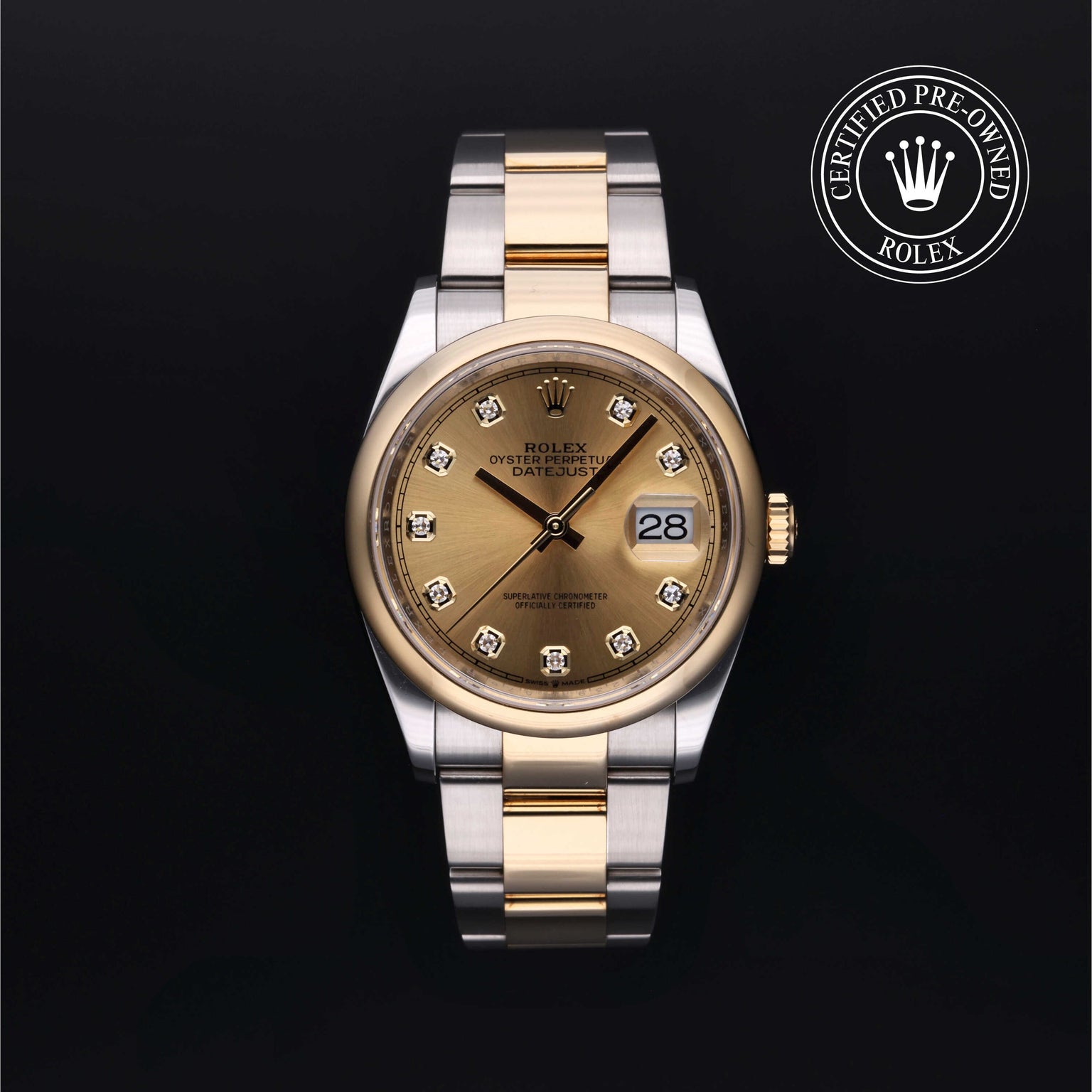 Rolex Certified Pre-owned Datejust M126203-0018 front on black background