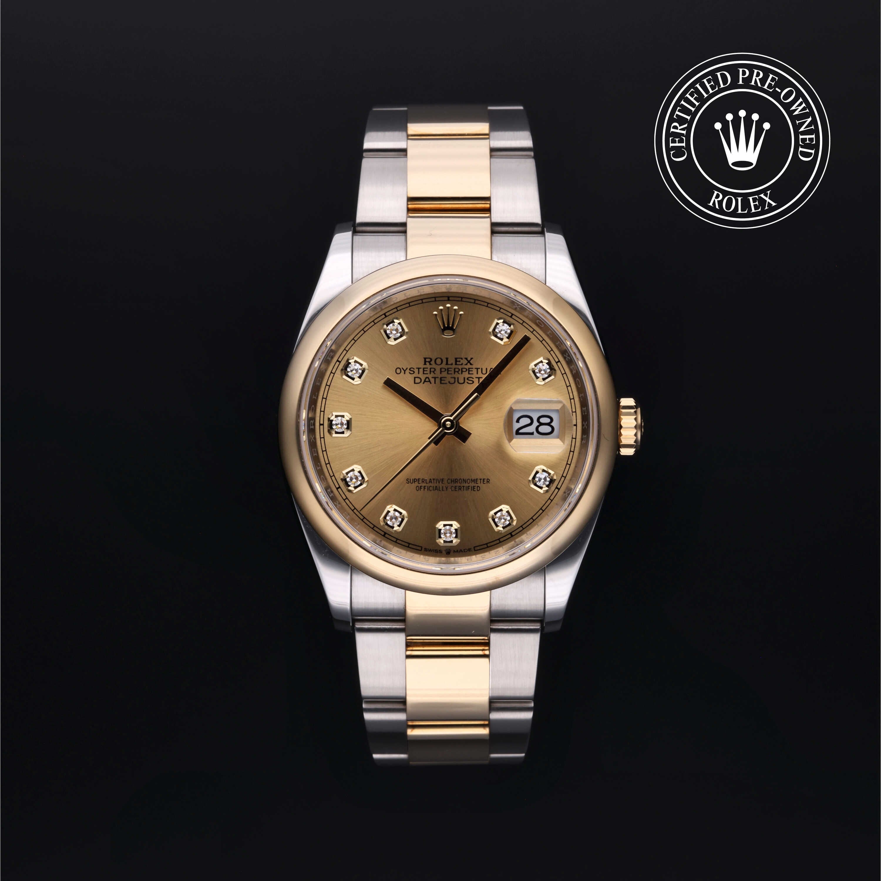 Rolex Certified Pre-owned Datejust M126203-0018 front on black background