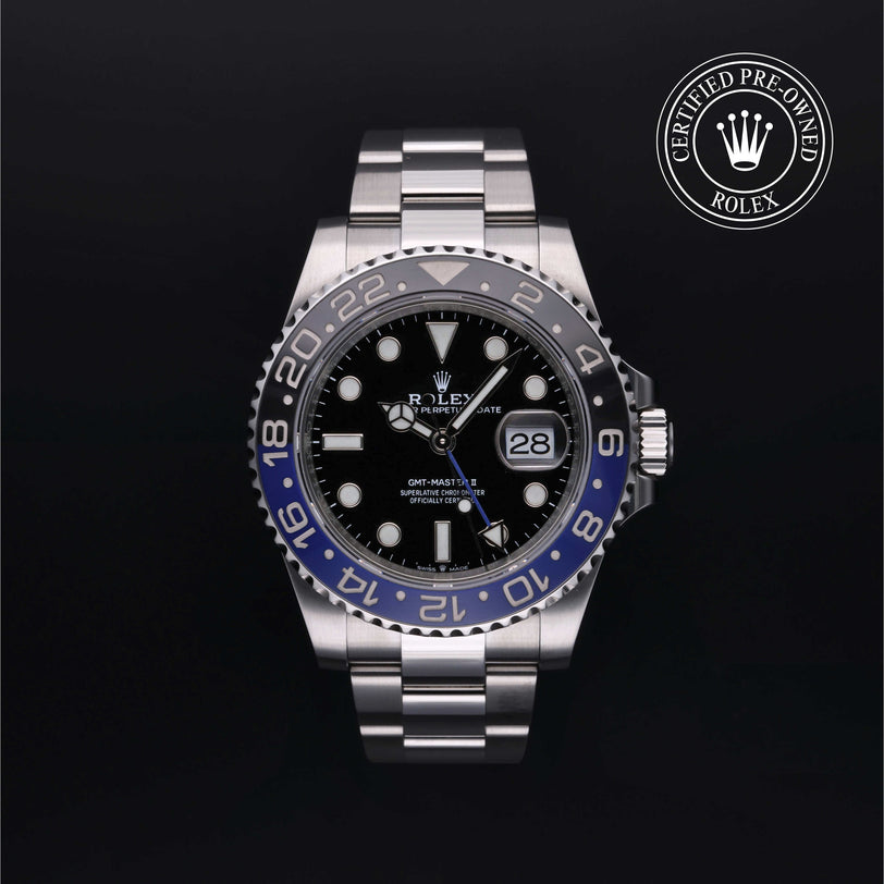 Rolex Certified Pre-owned GMT M126710BLNR-0003 front on black background