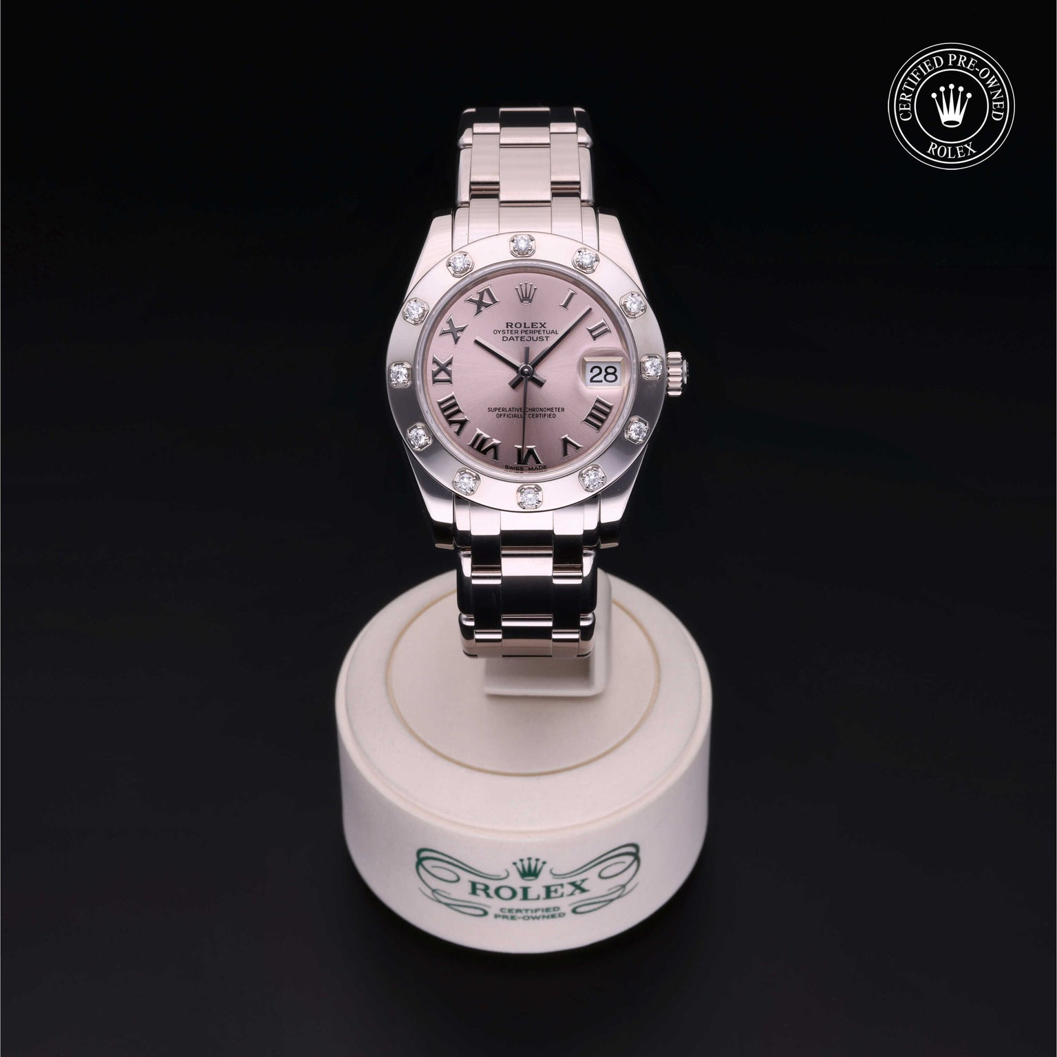 Rolex Certified Pre-owned Lady Datejust Pearlmaster M81319-0028 front on black background