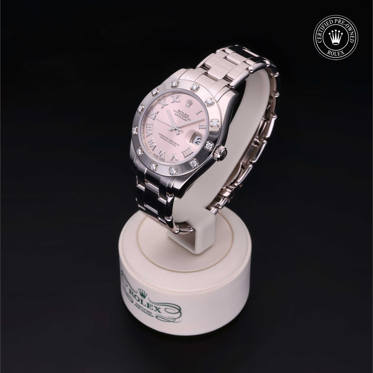 Rolex Certified Pre-owned Lady Datejust Pearlmaster M81319-0028 front on black background