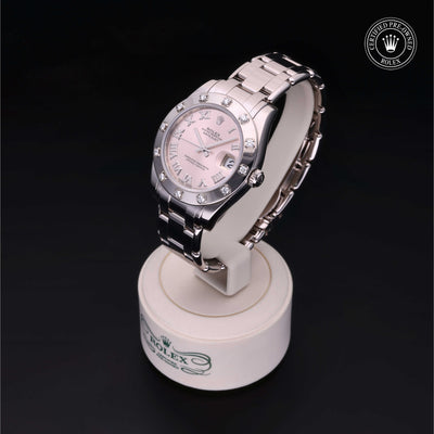 Rolex Certified Pre-owned Lady Datejust Pearlmaster M81319-0028 front on black background