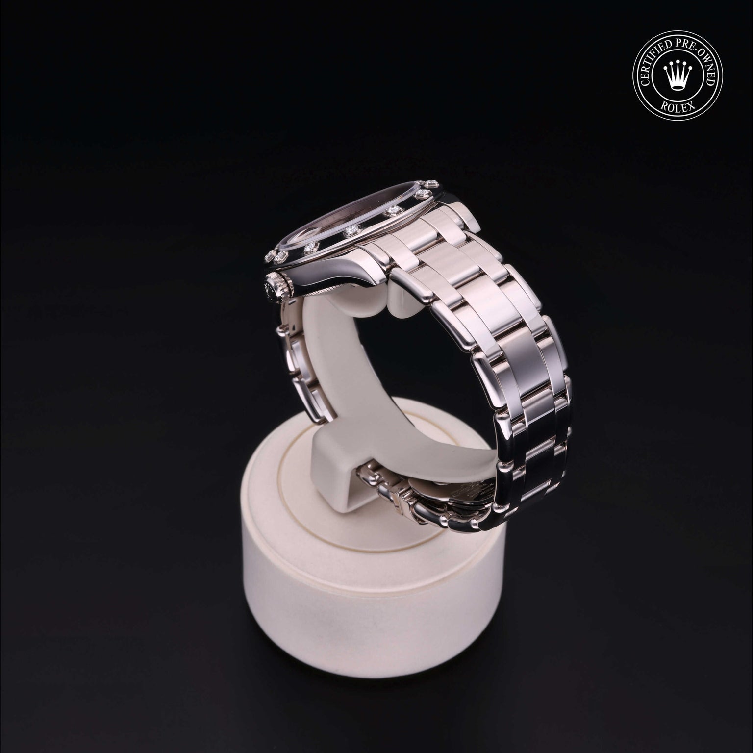 Rolex Certified Pre-owned Lady Datejust Pearlmaster M81319-0028 front on black background