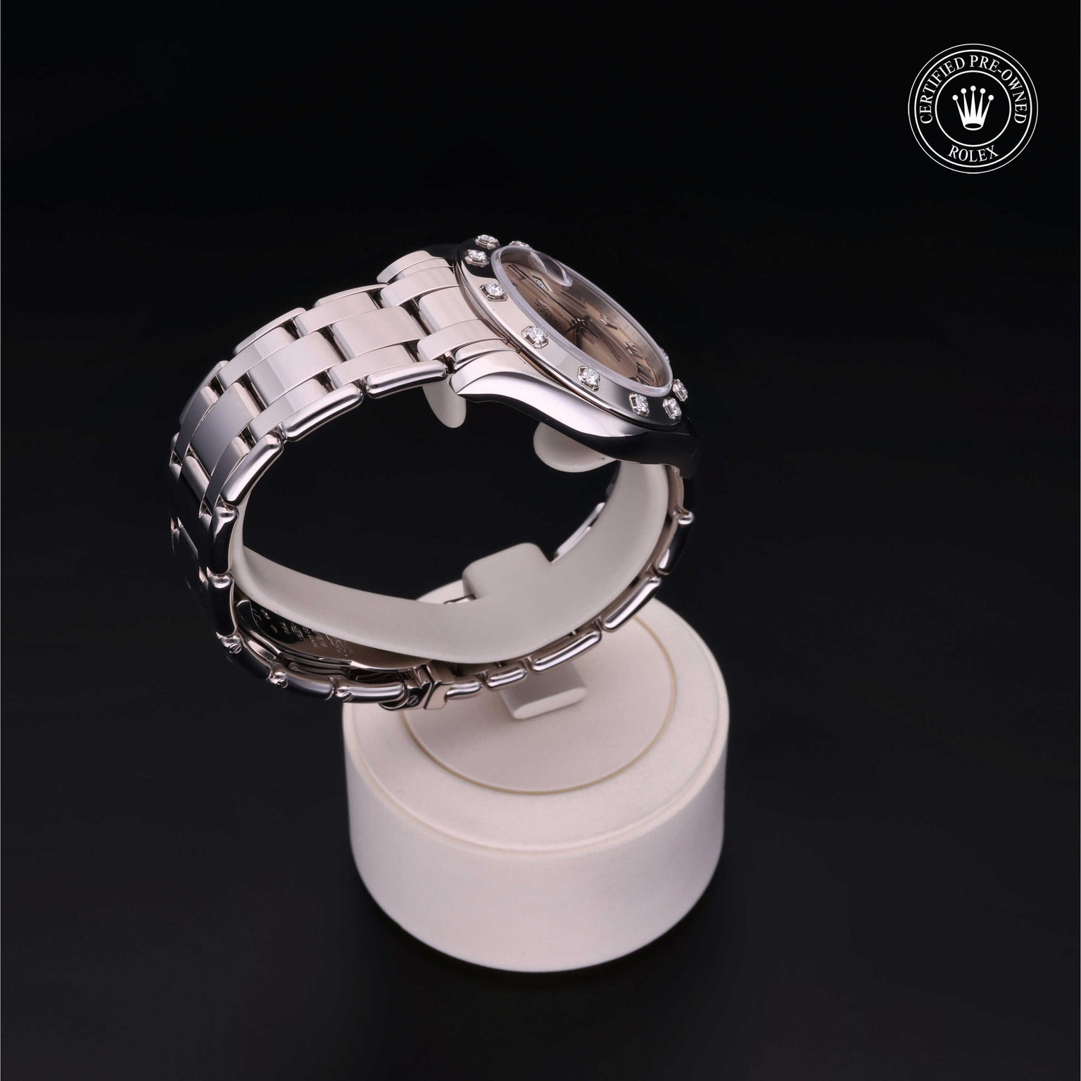 Rolex Certified Pre-owned Lady Datejust Pearlmaster M81319-0028 front on black background