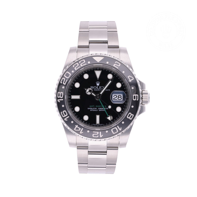 Rolex Certified Pre-owned GMT M116710LN-0001 front on white background