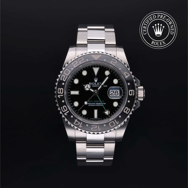Rolex Certified Pre-owned GMT II M116710LN-0001 front on black background