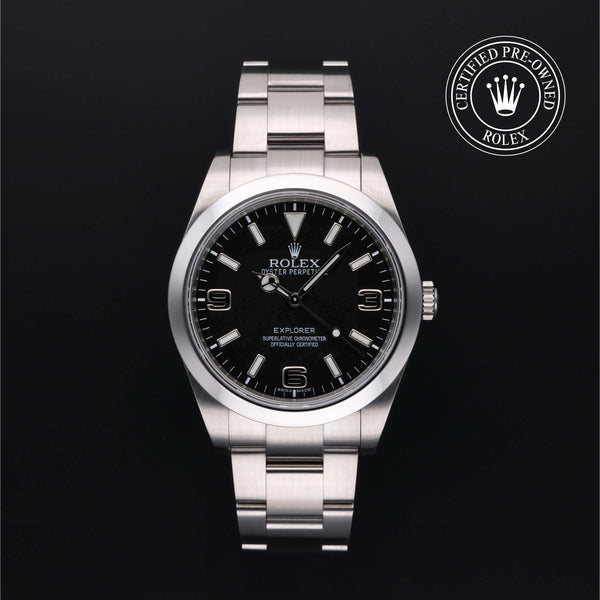 Rolex Certified Pre-owned Explorer M214270-0001 front on black background