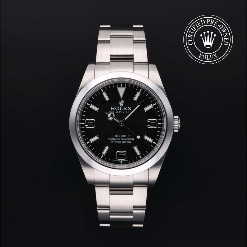 Rolex Certified Pre-owned Explorer M214270-0001 front on black background