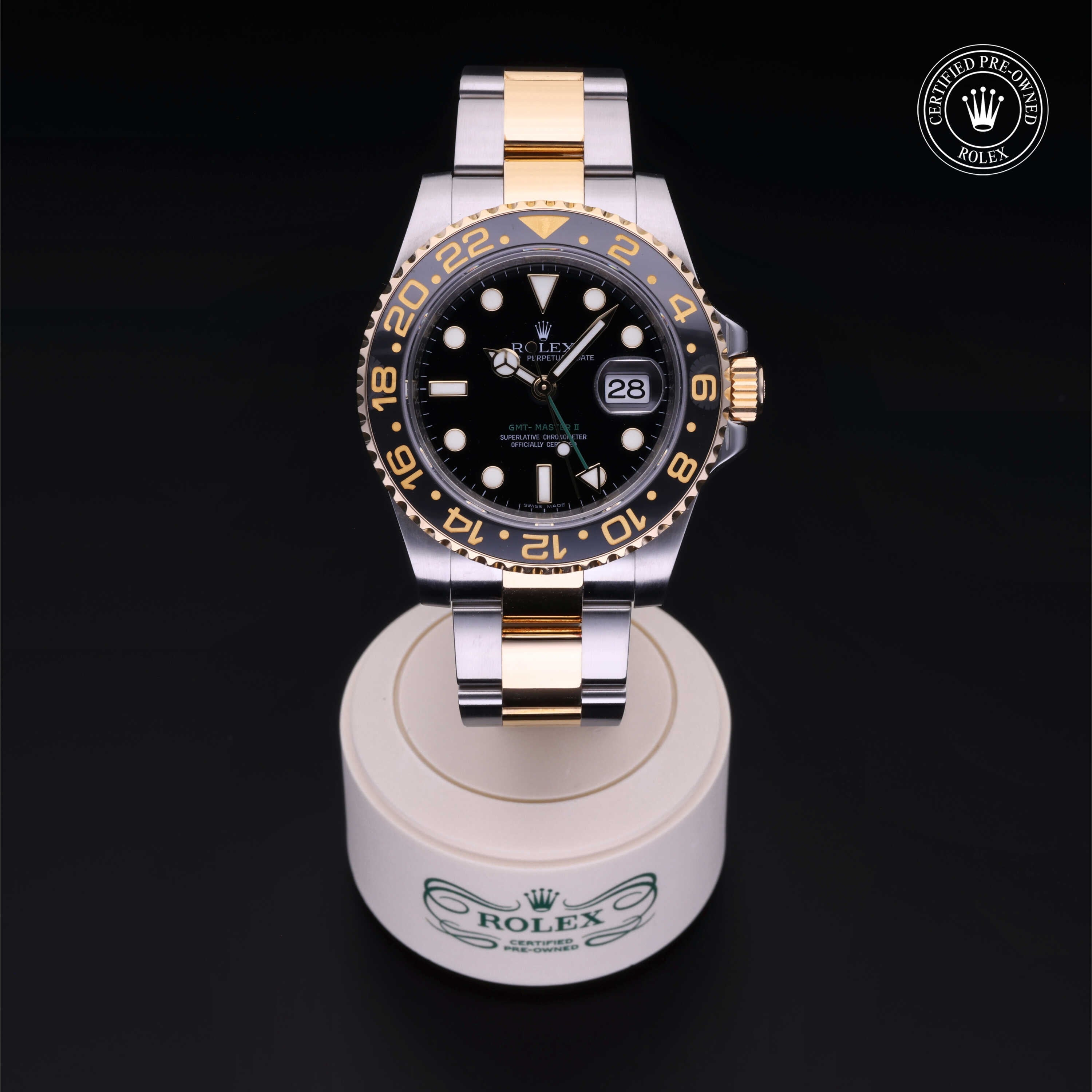 Rolex Certified Pre-owned GMT M116713LN-0001 front on black background