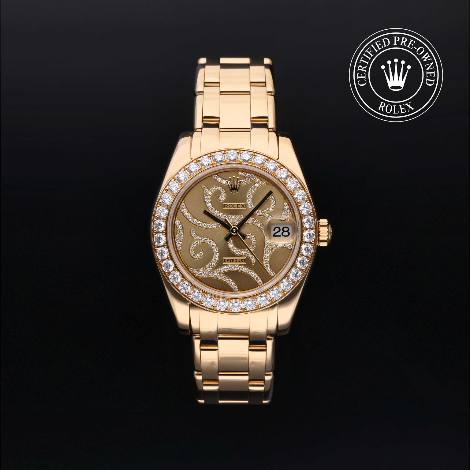 Rolex Certified Pre-owned Lady Datejust Pearlmaster M81298-0017 front on black background