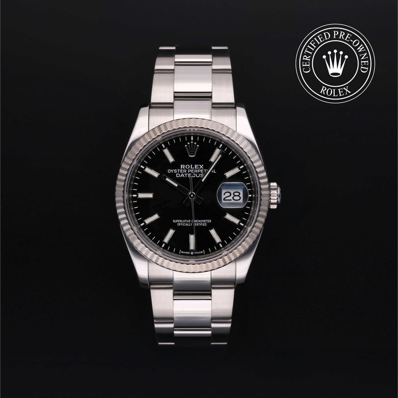 Rolex Certified Pre-owned Datejust M126234-0016 front on black background