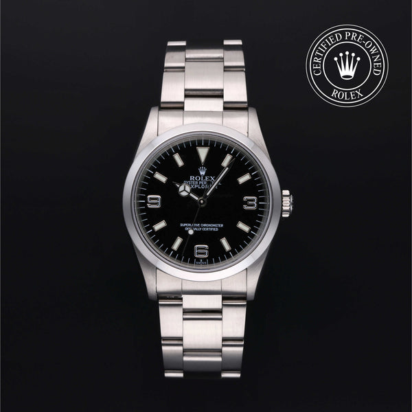 Rolex Certified Pre-owned Explorer M14270-0001 front on black background