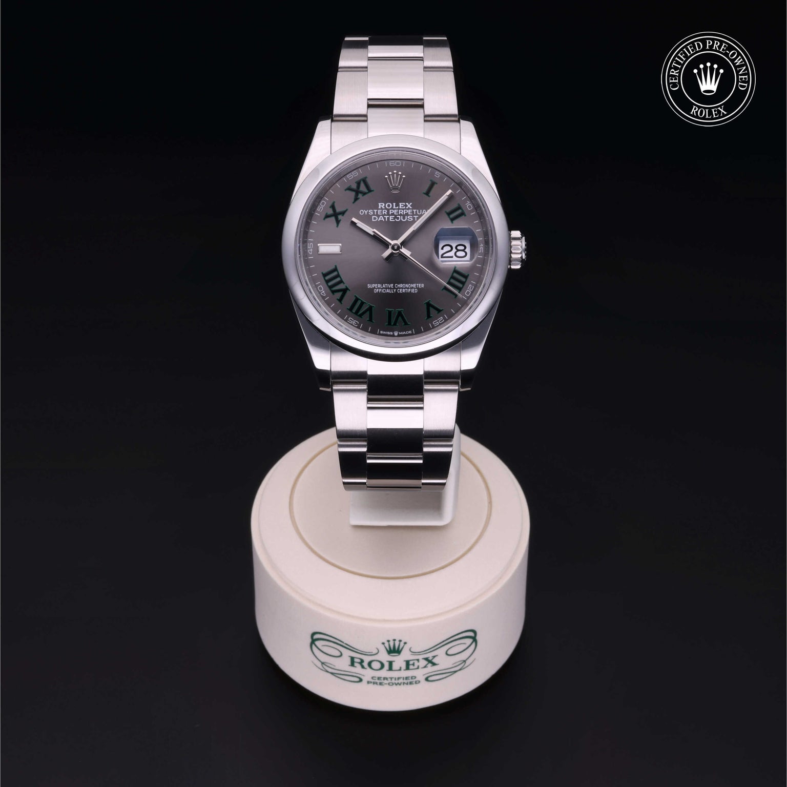 Rolex Certified Pre-owned Datejust M126200-0018 front on black background