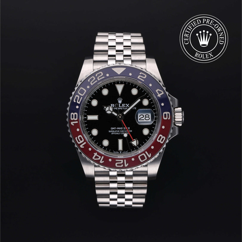 Rolex Certified Pre-owned GMT M126710BLRO-0001 front on black background