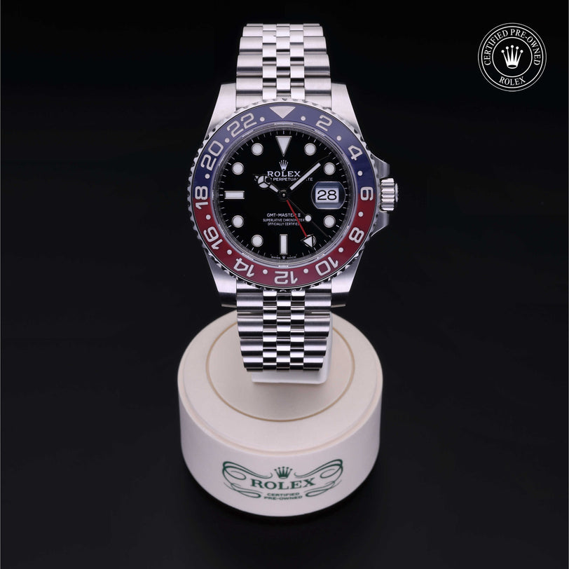 Rolex Certified Pre-owned GMT M126710BLRO-0001 front on black background