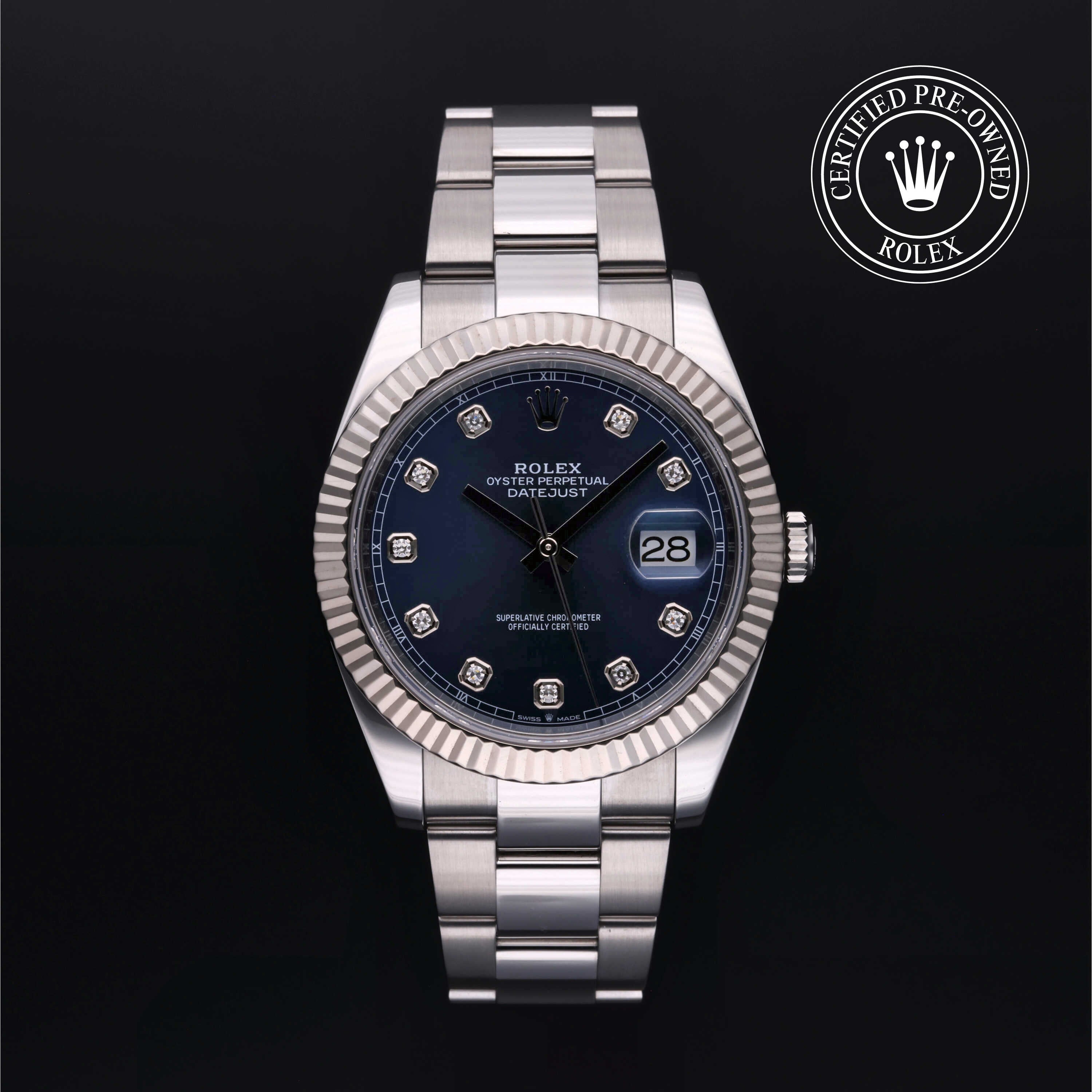 Rolex Certified Pre-owned Datejust M126334-0015 front on black background