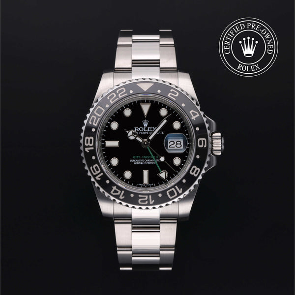 Rolex Certified Pre-owned GMT II M116710LN-0001 front on black background