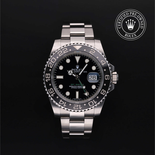 Rolex Certified Pre-owned GMT M116710LN-0001 front on black background