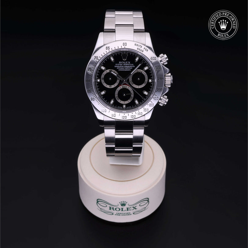 Rolex Certified Pre-owned Daytona M116520-0009 front on black background