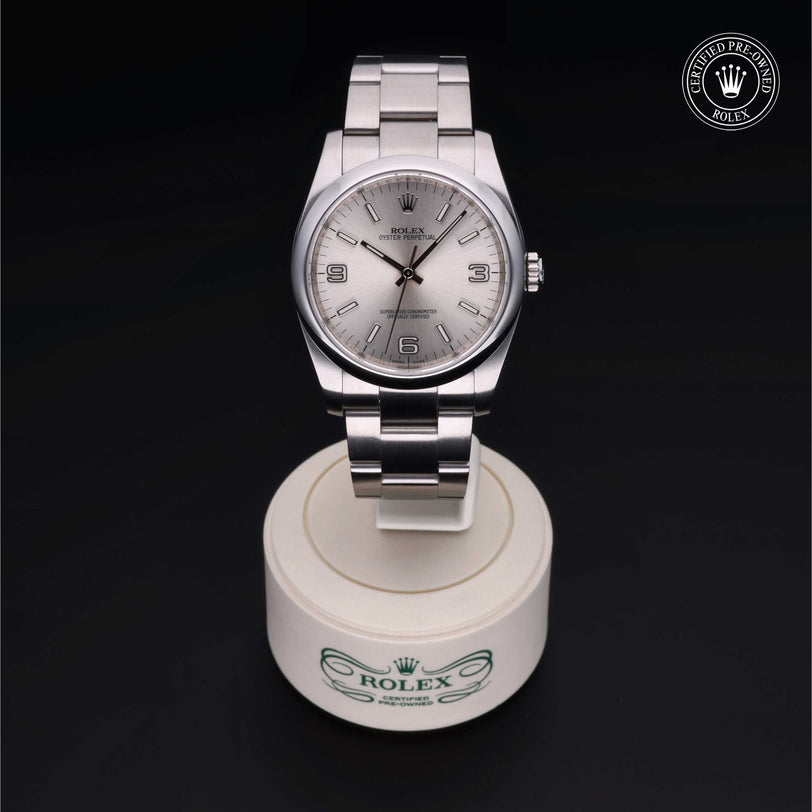 Rolex Certified Pre-owned Oyster Perpetual M116000-0001 front on black background