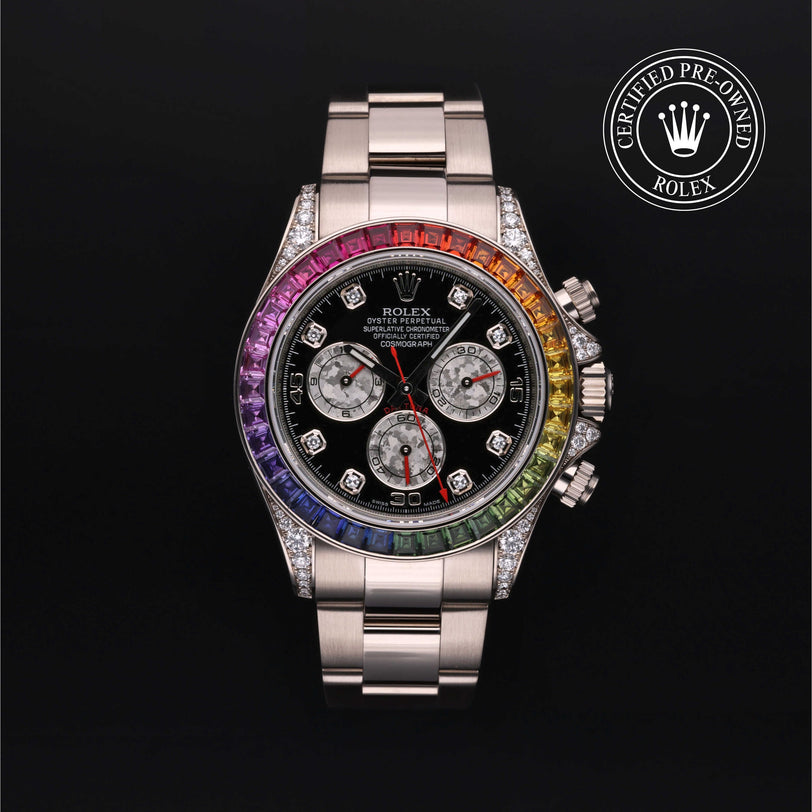 Rolex Certified Pre-owned Daytona M116599RBOW-0003 front on black background