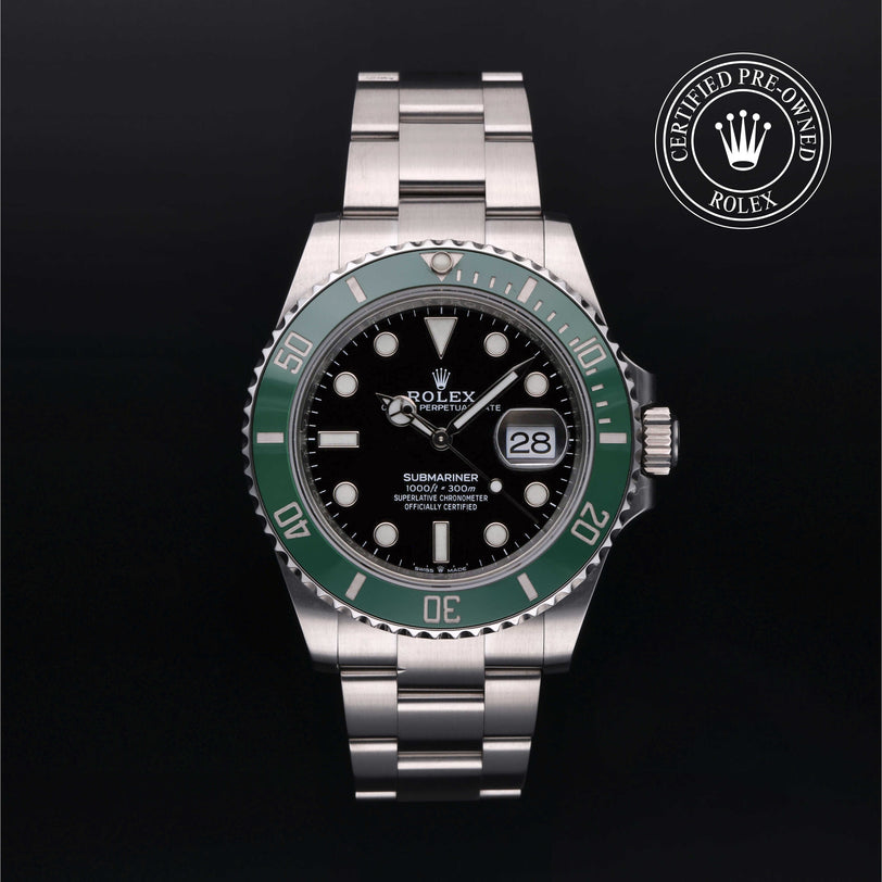 Rolex Certified Pre-owned Submariner M126610LV-0002 front on black background