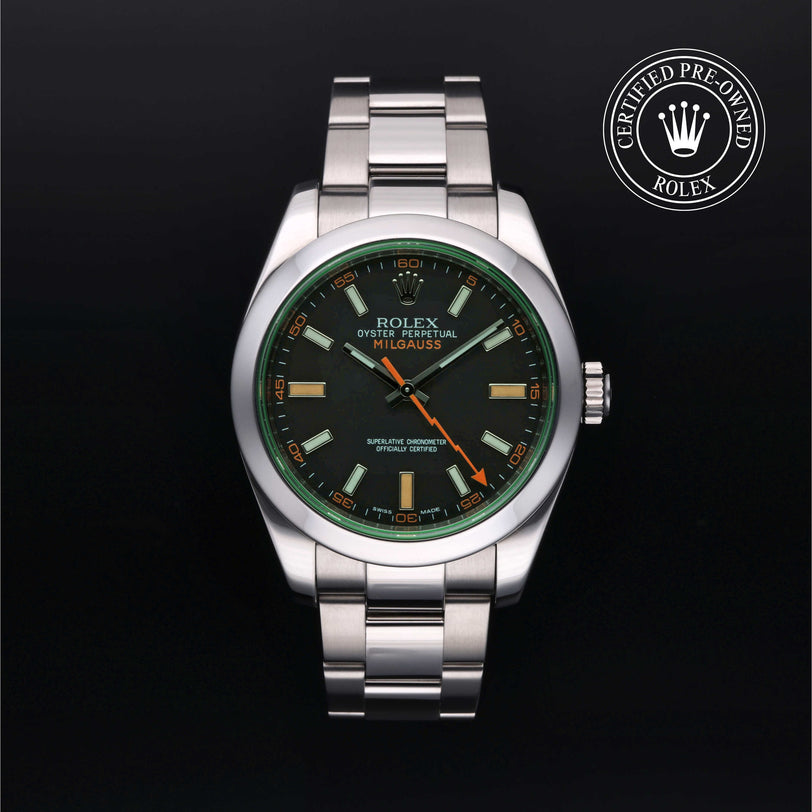 Rolex Certified Pre-owned Milgauss M116400GV-0001 front on black background