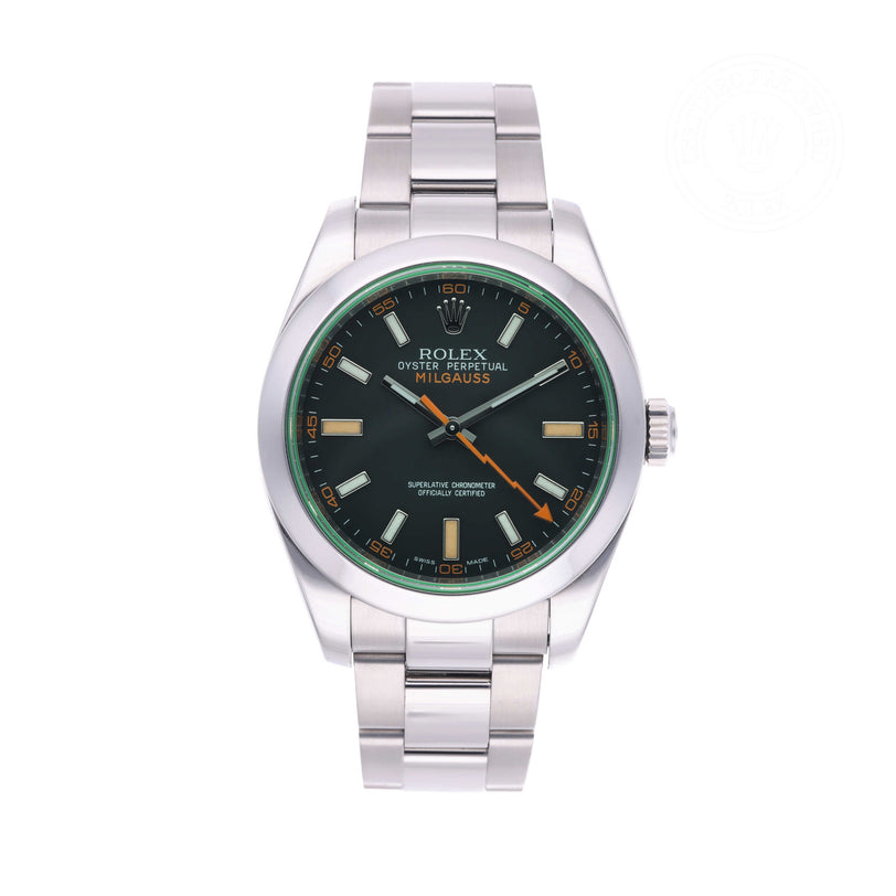 Rolex Certified Pre-owned Milgauss M116400GV-0001 front on white background