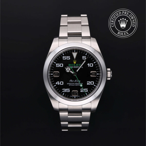 Rolex Certified Pre-owned Air-King M116900-0001 front on black background