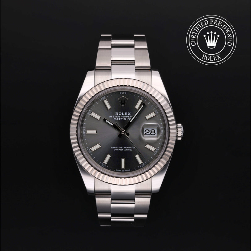 Rolex Certified Pre-owned Datejust M126334-0013 front on black background