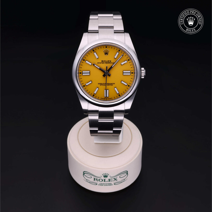 Rolex Certified Pre-owned Oyster Perpetual M124300-0004 front on black background