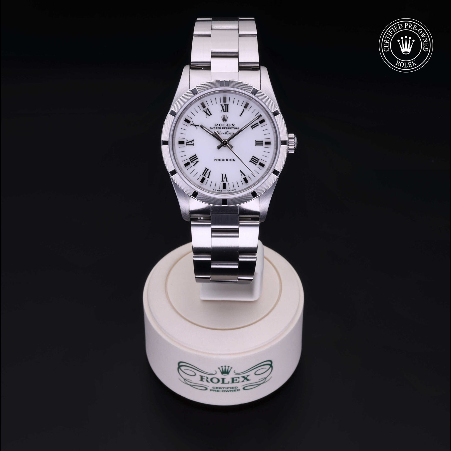 Rolex Certified Pre-owned Air-King M14010-0005 front on black background