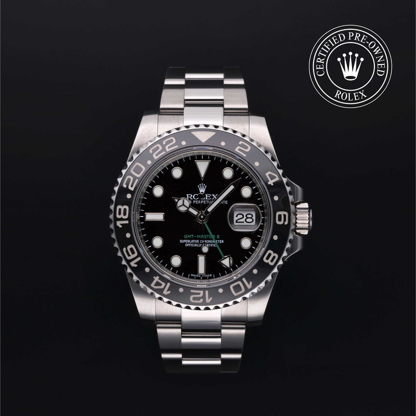Rolex Certified Pre-owned GMT M116710LN-0001 front on black background