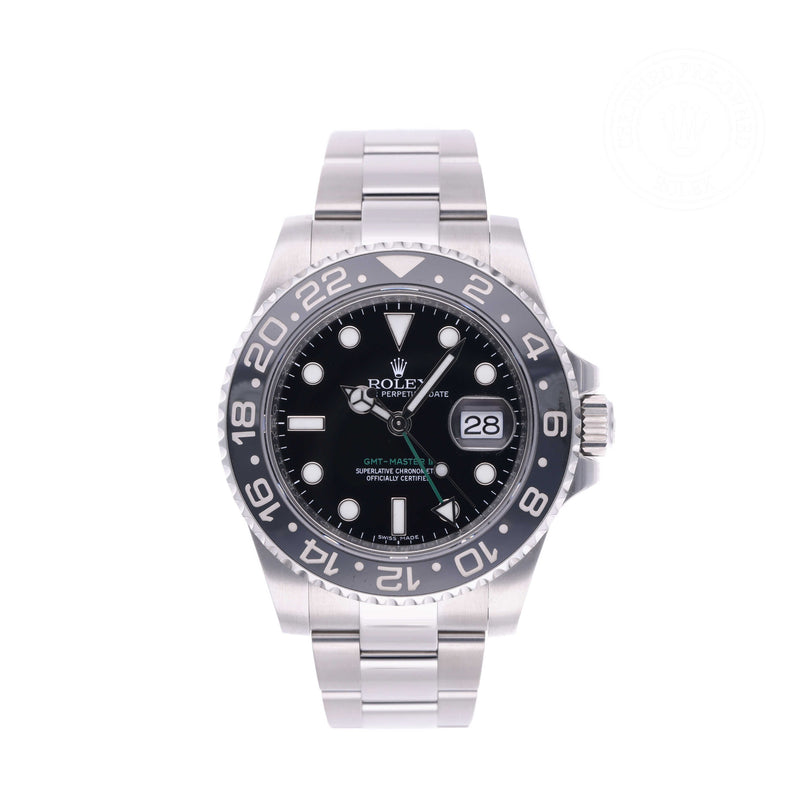 Rolex Certified Pre-owned GMT M116710LN-0001 front on white background