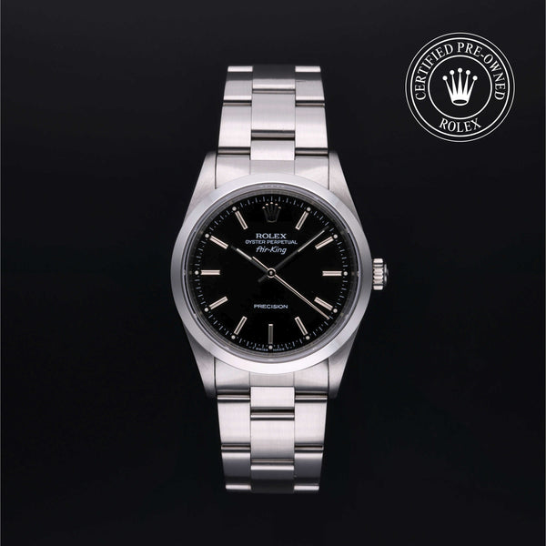 Rolex Certified Pre-owned Air-King M14000-0005 front on black background