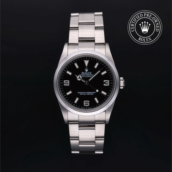Rolex Certified Pre-owned Explorer M114270-0002 front on black background