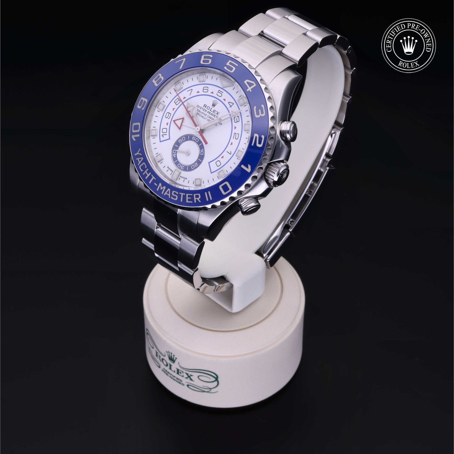 Rolex Certified Pre-owned Yacht-Master II M116680-0002 front on black background