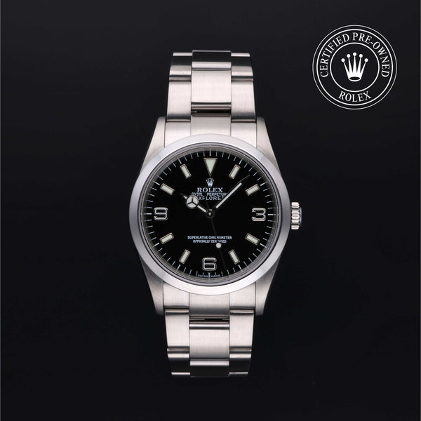 Rolex Certified Pre-owned Explorer M114270-0002 front on black background