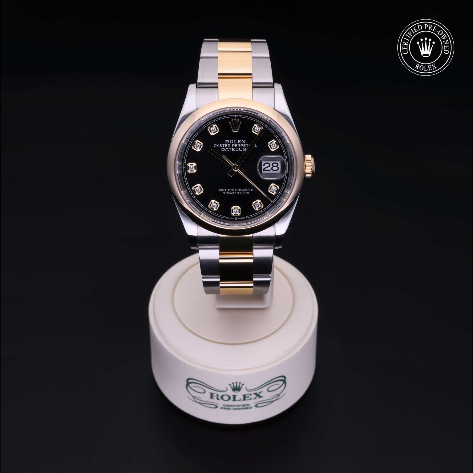 Rolex Certified Pre-owned Datejust M126203-0022 front on black background