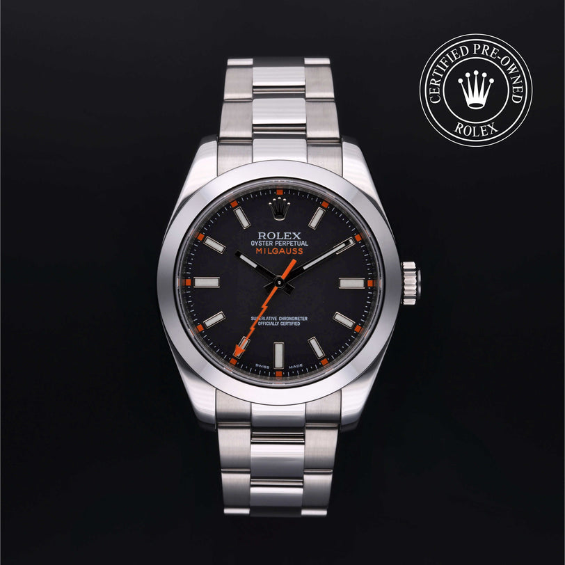 Rolex Certified Pre-owned Milgauss M116400-0001 front on black background