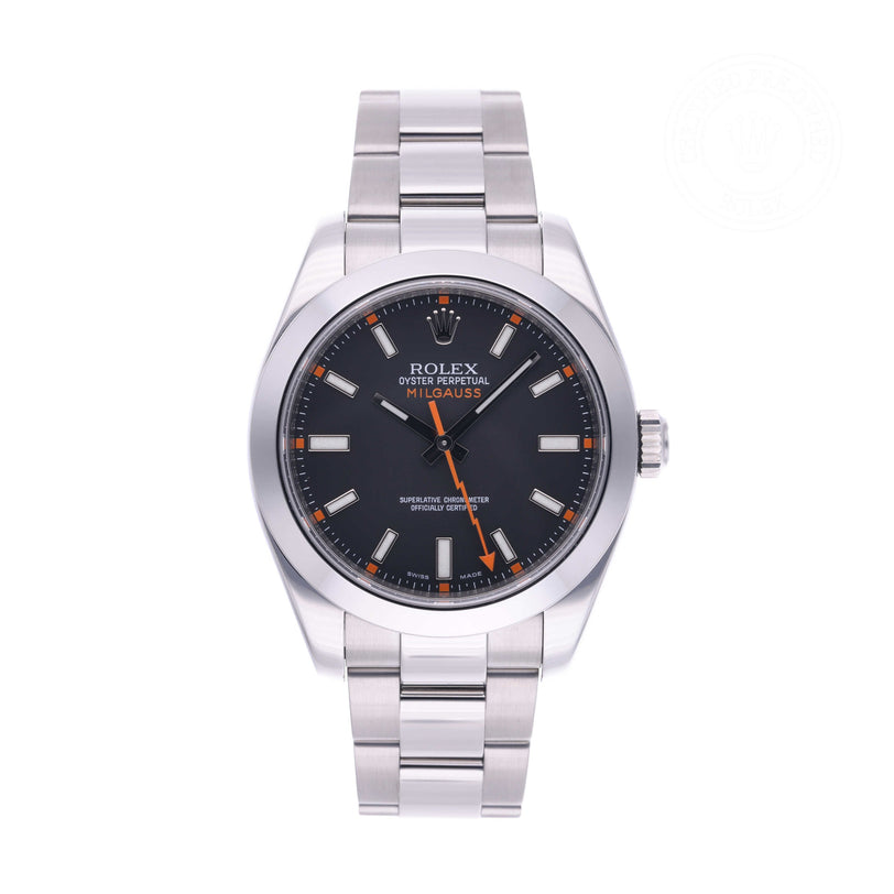 Rolex Certified Pre-owned Milgauss M116400-0001 front on white background