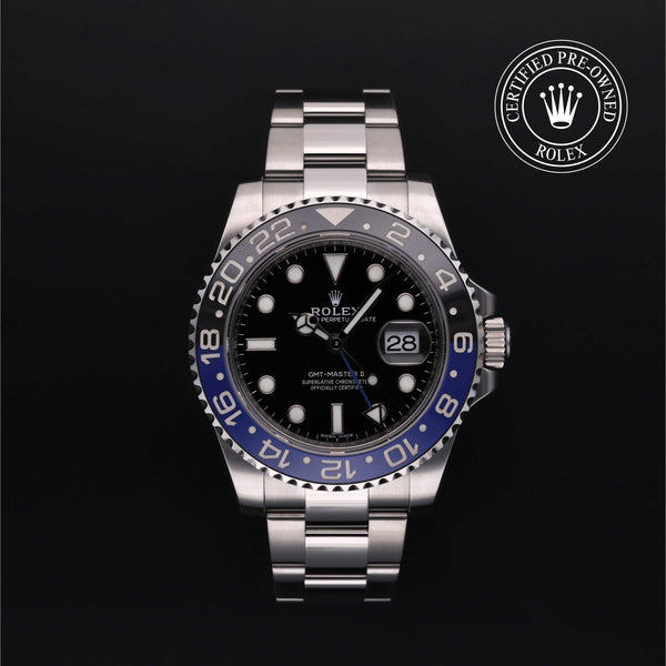Rolex Certified Pre-owned GMT M116710BLNR-0002 front on black background