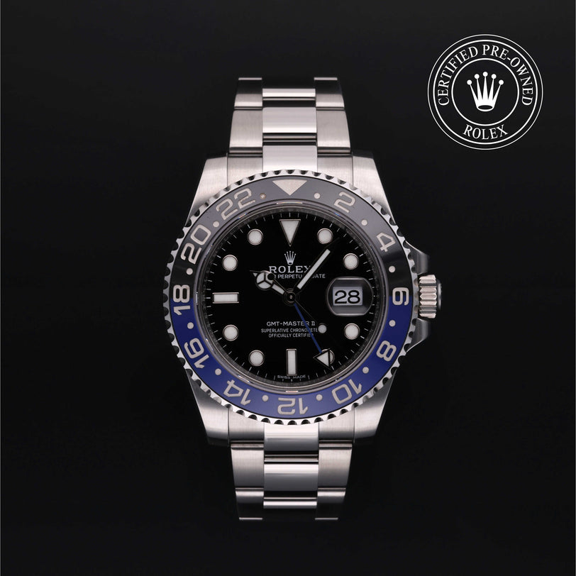 Rolex Certified Pre-owned GMT M116710BLNR-0002 front on black background