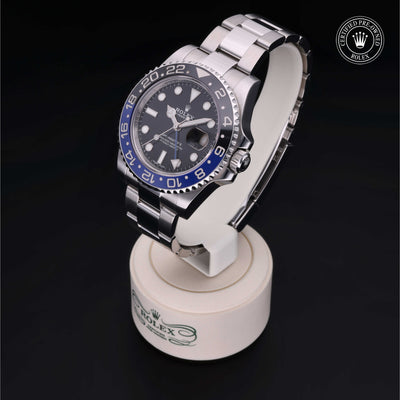 Rolex Certified Pre-owned GMT M116710BLNR-0002 front on black background