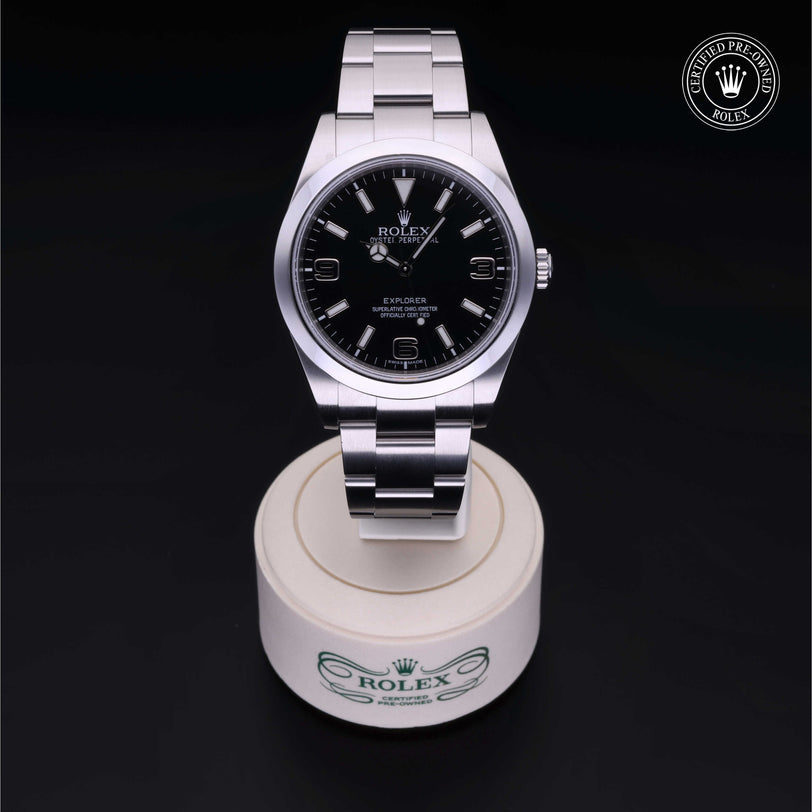 Rolex Certified Pre-owned Explorer M214270-0001 front on black background