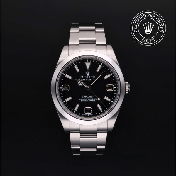 Rolex Certified Pre-owned Explorer M214270-0001 front on black background