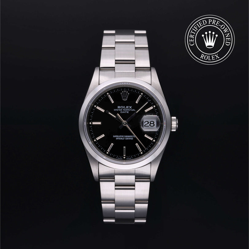 Rolex Certified Pre-owned Date M15200-0009 front on black background