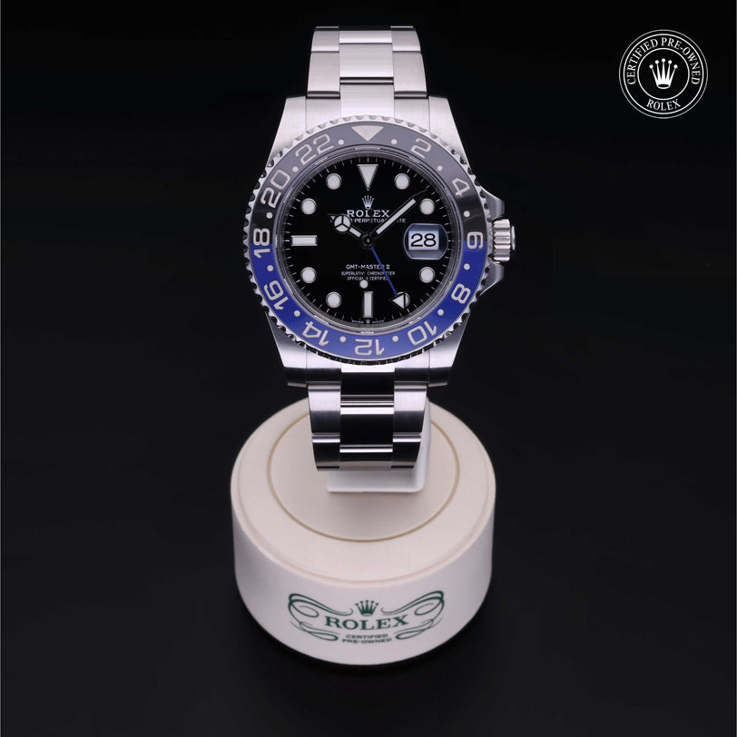 Rolex Certified Pre-owned GMT II M126710BLNR-0003 front on black background