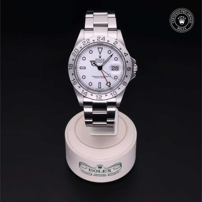 Rolex Certified Pre-owned Explorer M16570-0006 front on black background